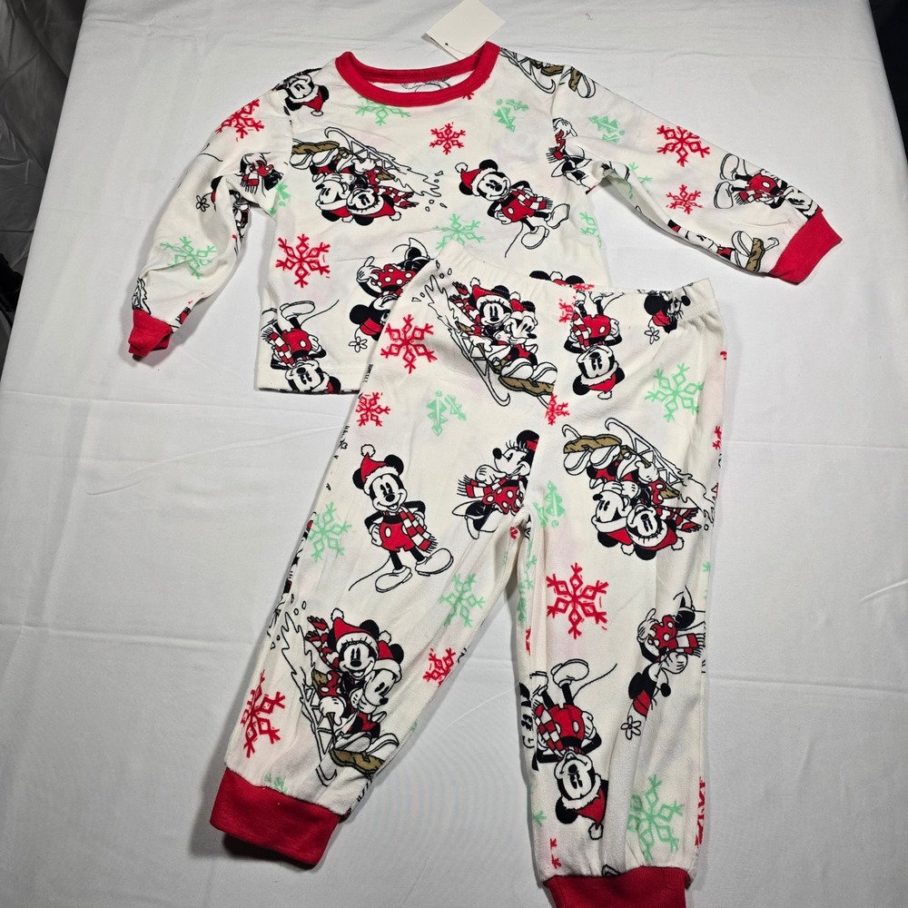 Disney Mickey  Mouse 2T Christmas Holiday Pajamas Set Kids  Fleece Red White